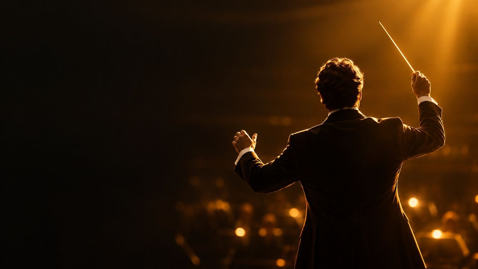 Ein Dirigent von hinten, den Taktstock erhoben, vor einem Orchester im warmen Bühnenlicht.